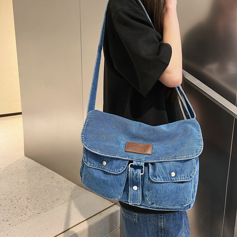 Customizable Retro Simple Denim Bag Casual Pure Color Washed Denim Canvas Bag Student Small Cross-Body Bag Japanese Shoulder Bag