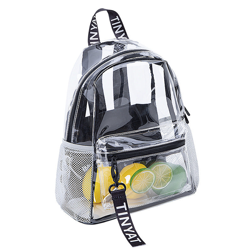 clear pvc backpack with visible main storage front zipper pocket and side mesh pockets