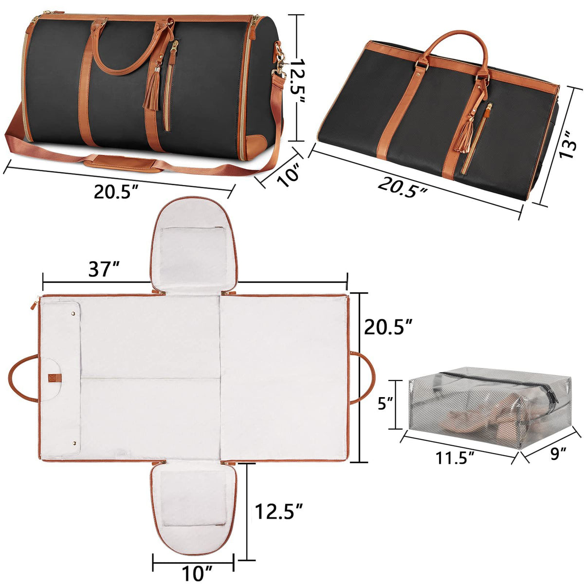 convertible garment bag size guide showing 20.5 x 10 x 12.5 inch duffel size, 20.5 x 13 inch folded size, 37 inch garment width, and 11.5 x 9 x 5 inch mesh shoe pouch