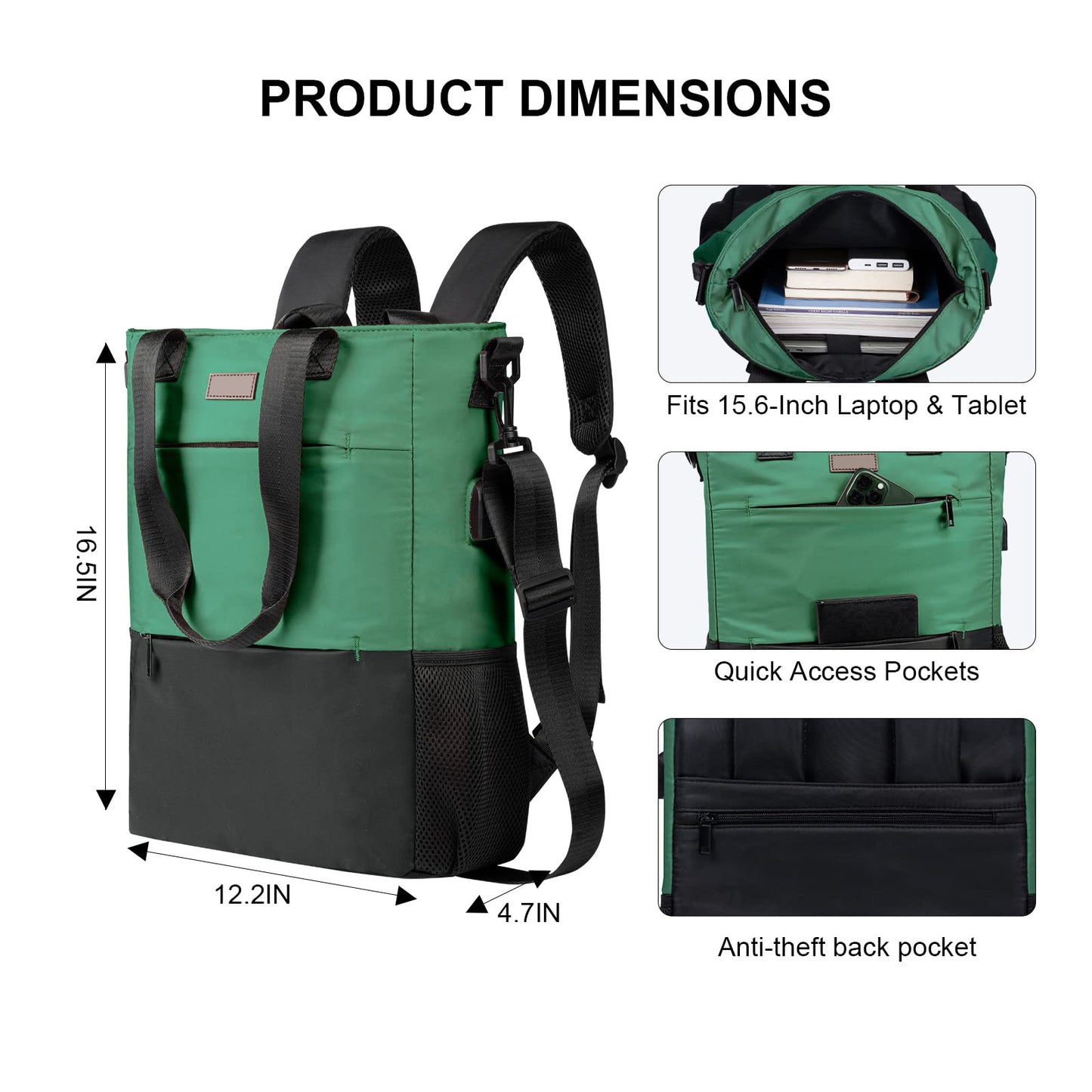 convertible laptop backpack dimensions with 15.6 inch laptop compartment and anti theft back pocket