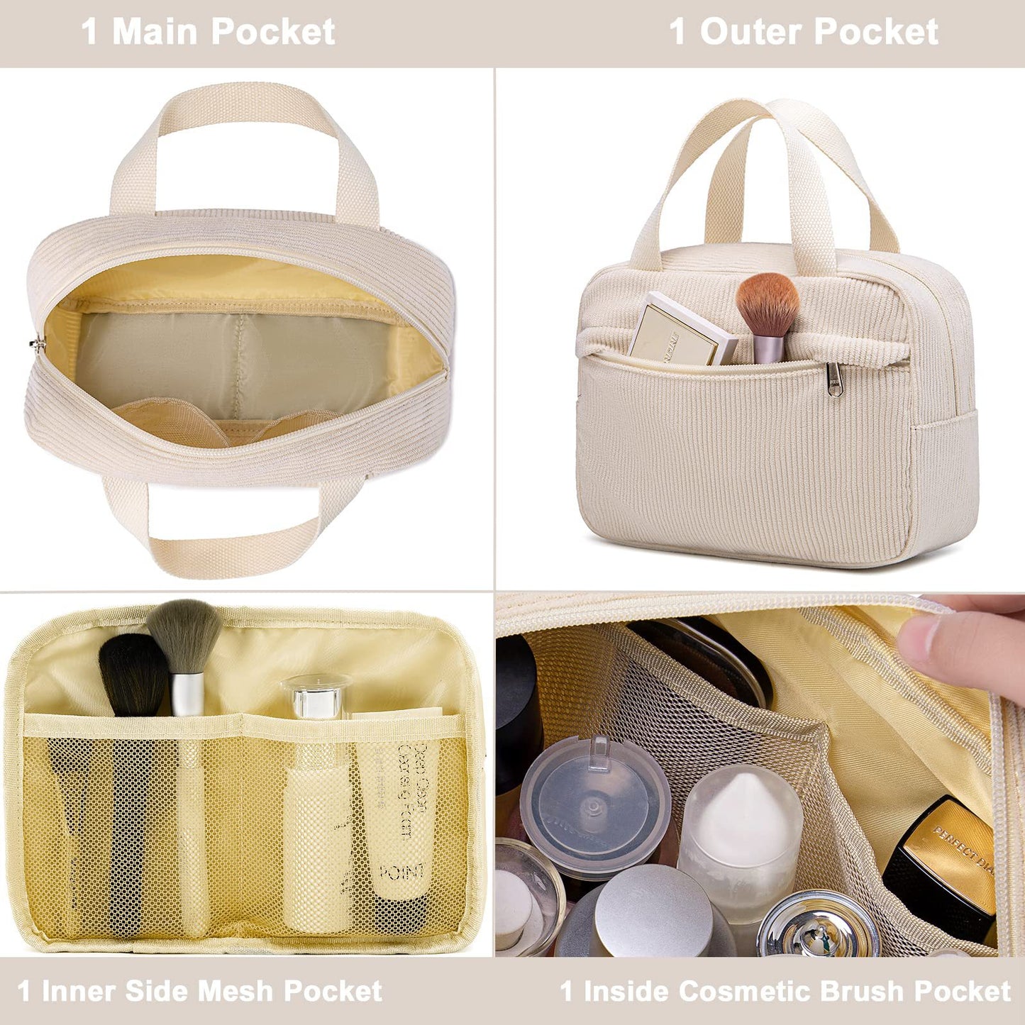 corduroy makeup bag with inner brush pocket and compartments
