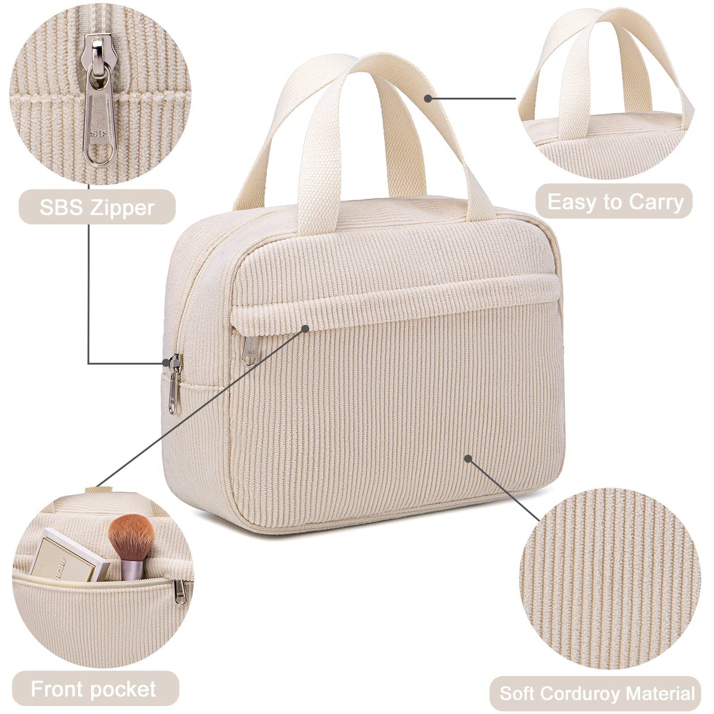 corduroy makeup bag with durable handle and zipper closure