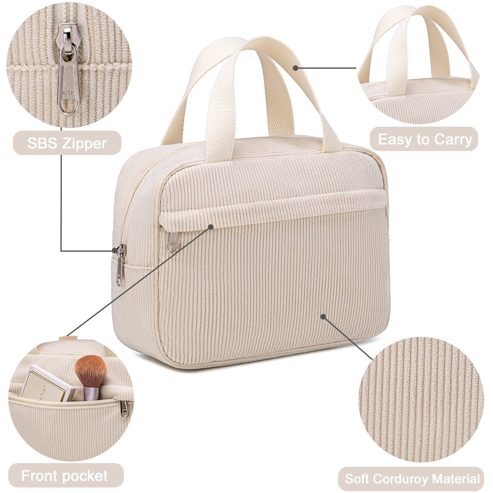 corduroy makeup bag with durable handle and zipper closure