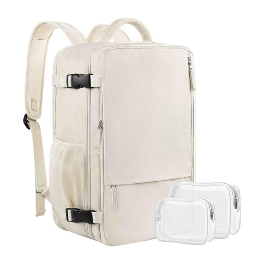 creamy white 40l travel backpack with two transparent toiletry bags for travel organization