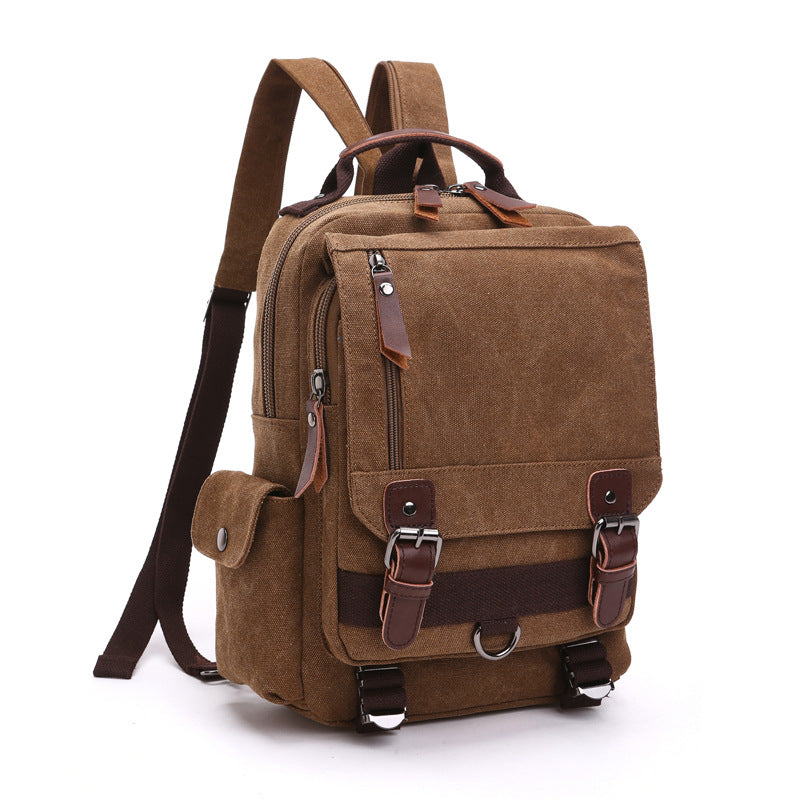 brown canvas crossbody backpack,double shoulder,front