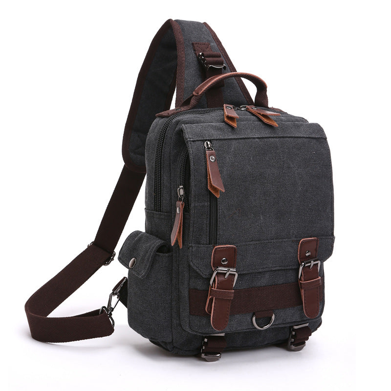 black canvas crossbody backpack,one shoulder,front