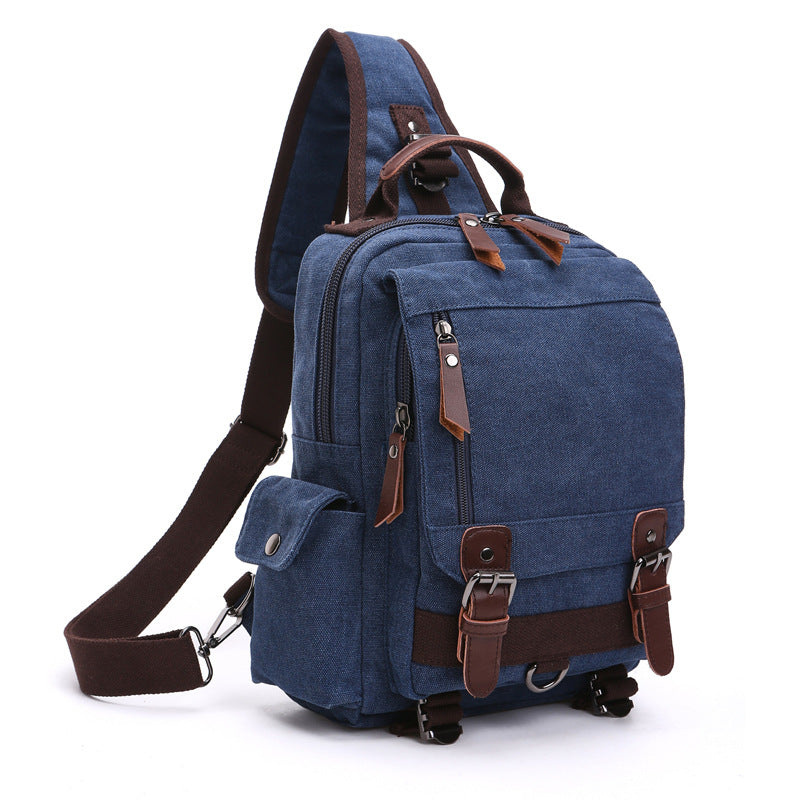 dark blue canvas crossbody backpack,one shoulder,front