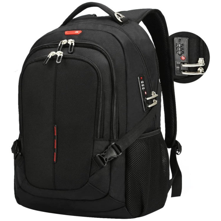 custom anti theft travel backpack in black with combination lock external usb port and multiple compartments