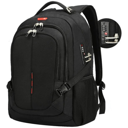 custom anti theft travel backpack in black with combination lock external usb port and multiple compartments
