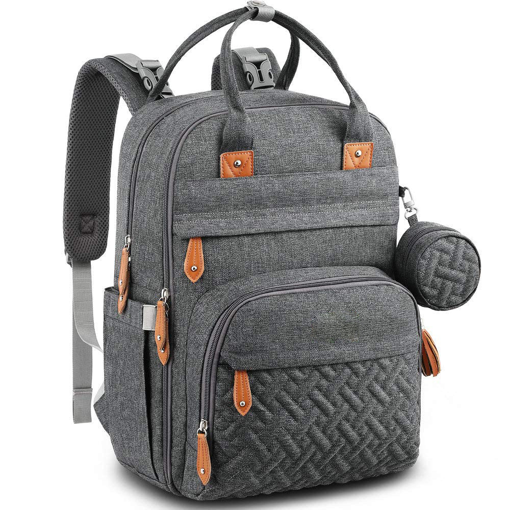 gray custom backpack diaper bag with baby organizer and pacifier holder