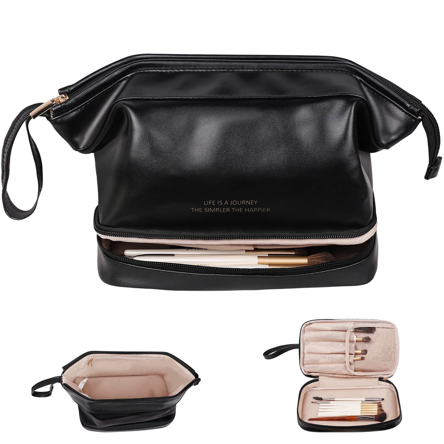 custom black double layer waterproof makeup bag with brush holder