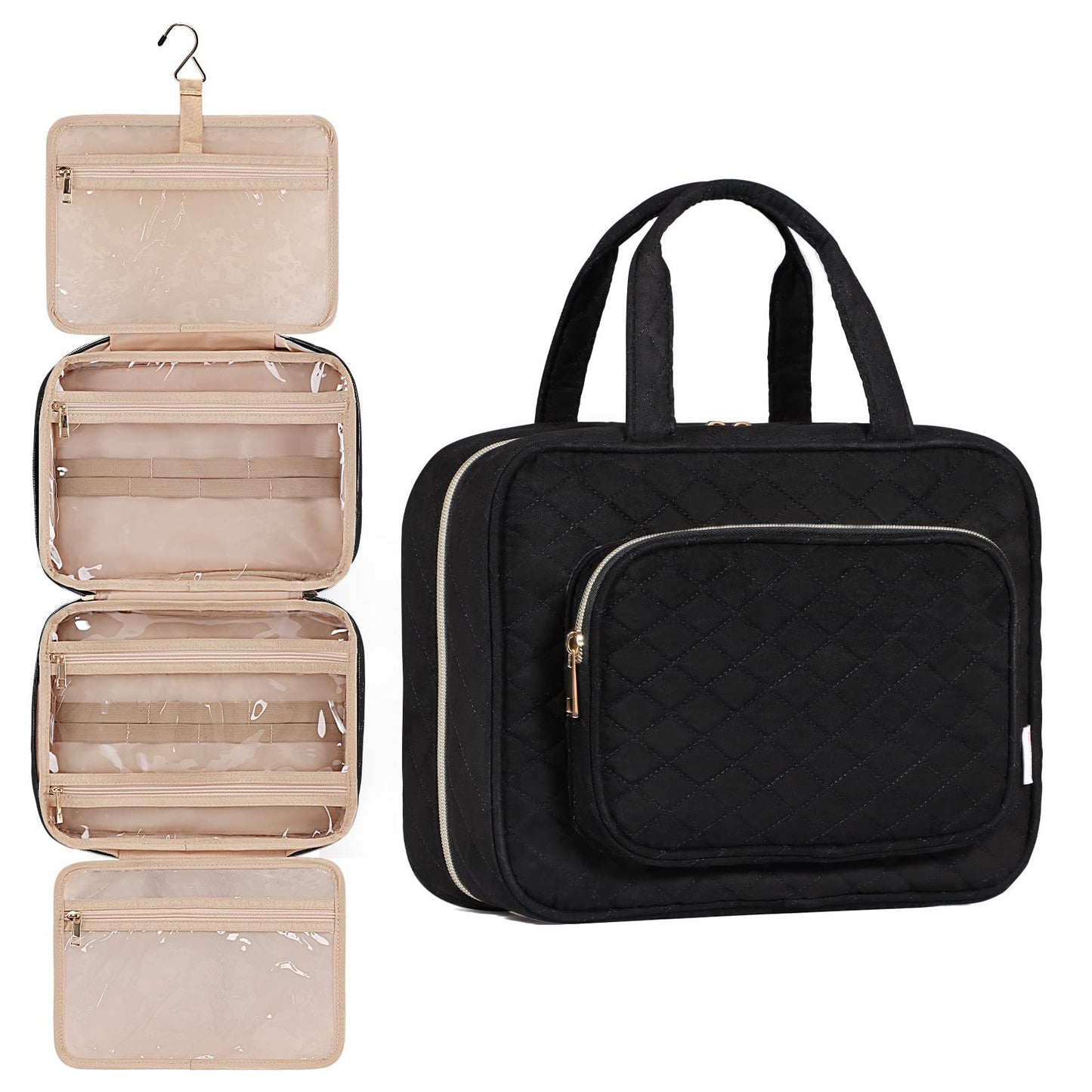 custom black hanging toiletry bag with multi-layer travel organizer design for cosmetics and toiletries