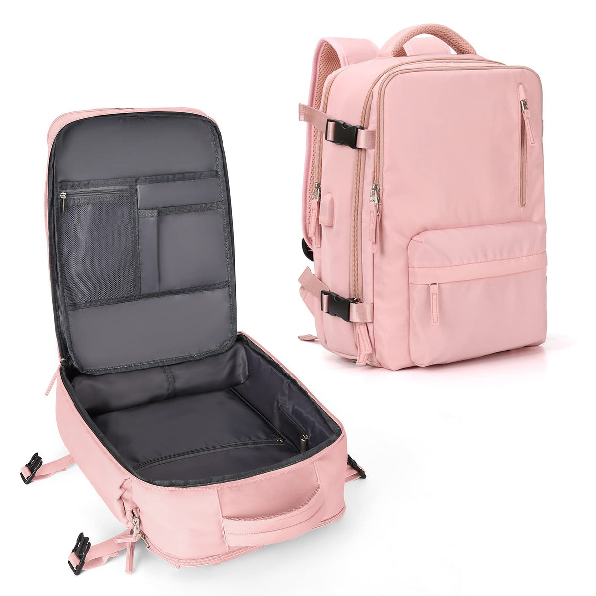 custom expandable travel backpack with wide opening and organized packing compartments