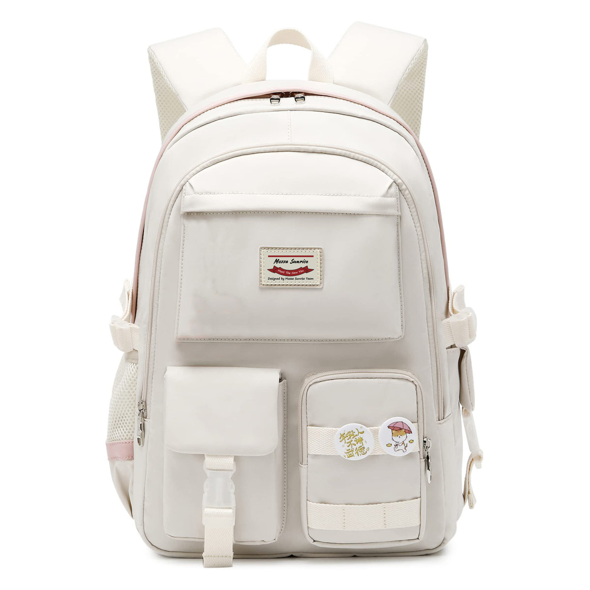custom school laptop backpack in milky white with multiple front pockets and side storage