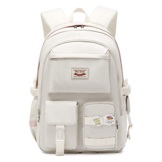 custom school laptop backpack in milky white with multiple front pockets and side storage