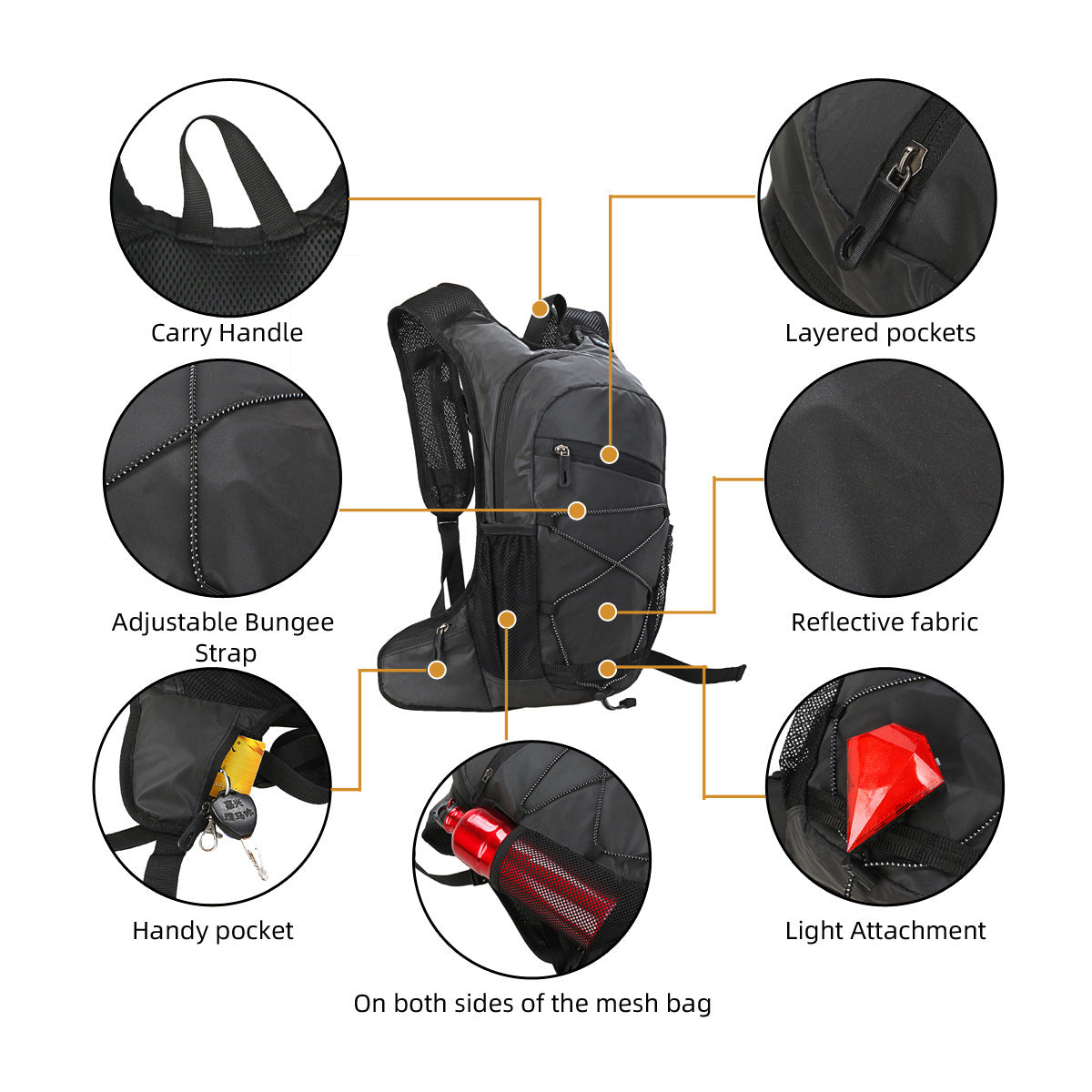 cycling backpack feature details with reflective fabric and adjustable bungee strap