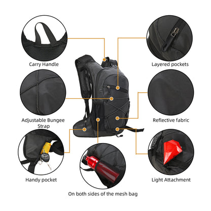 cycling backpack feature details with reflective fabric and adjustable bungee strap