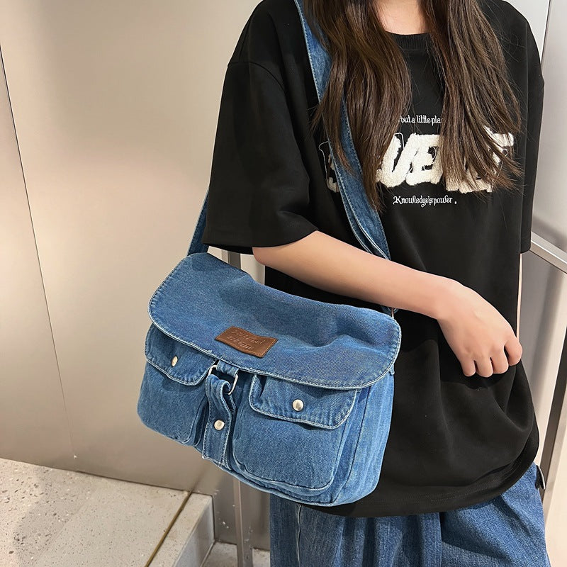 Customizable Retro Simple Denim Bag Casual Pure Color Washed Denim Canvas Bag Student Small Cross-Body Bag Japanese Shoulder Bag