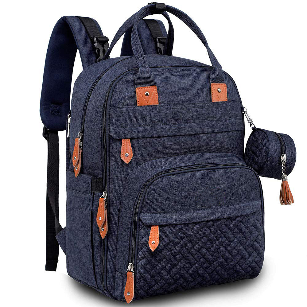 dark blue baby diaper backpack with insulated bottle storage