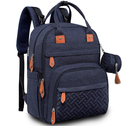 dark blue baby diaper backpack with insulated bottle storage