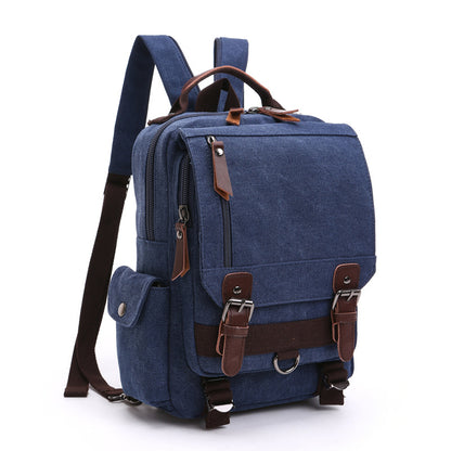 dark blue canvas rucksack backpack with double shoulder straps