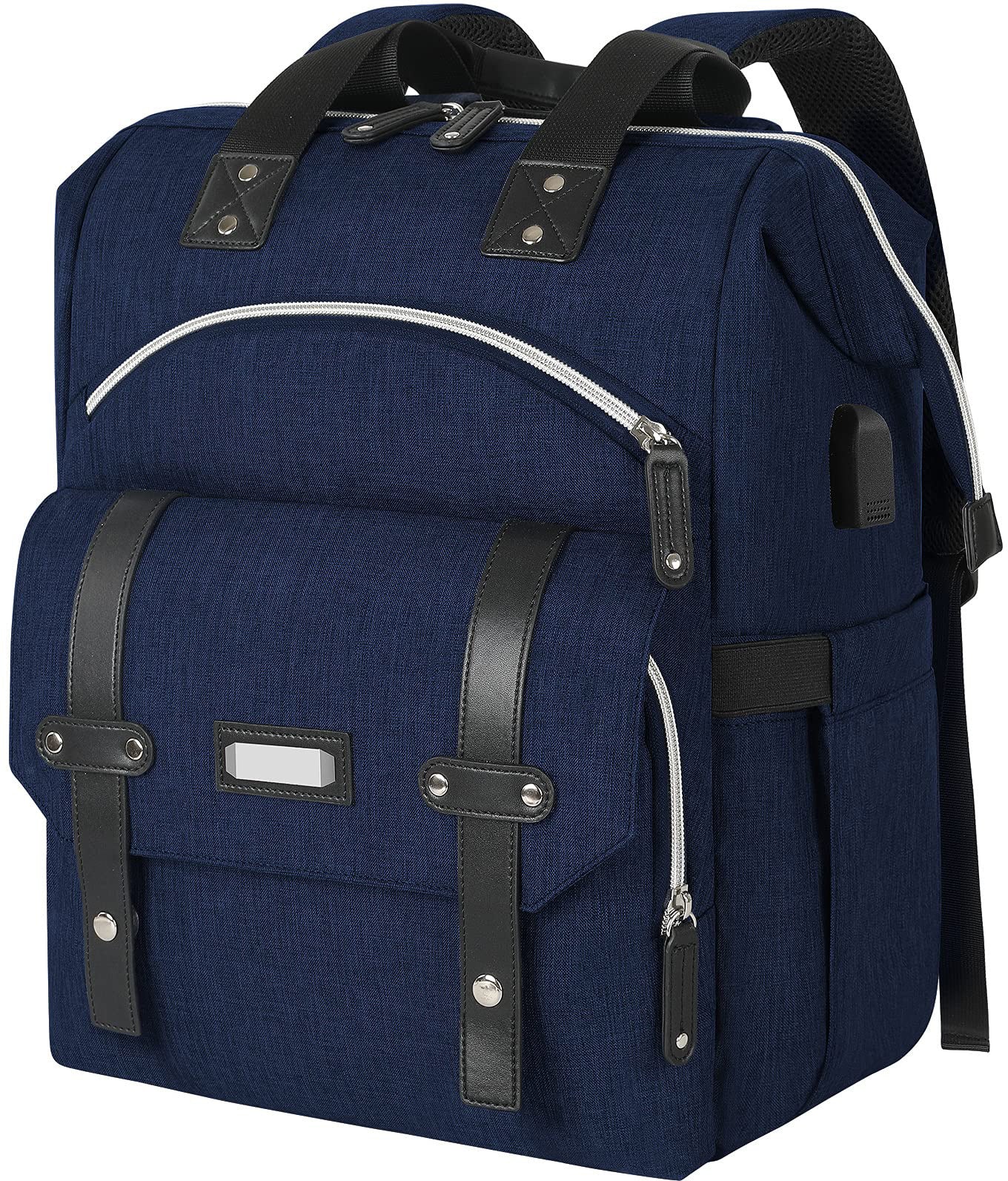 dark blue diaper backpack with laptop sleeve