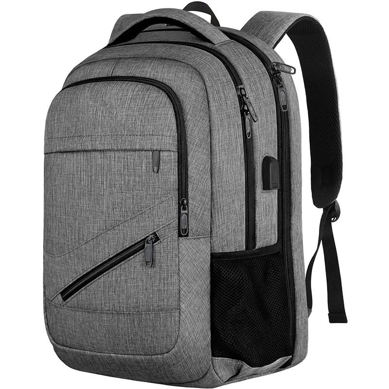 dark gray travel backpack with laptop compartment front zipper storage and side mesh pocket