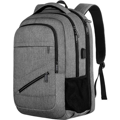 dark gray travel backpack with laptop compartment front zipper storage and side mesh pocket