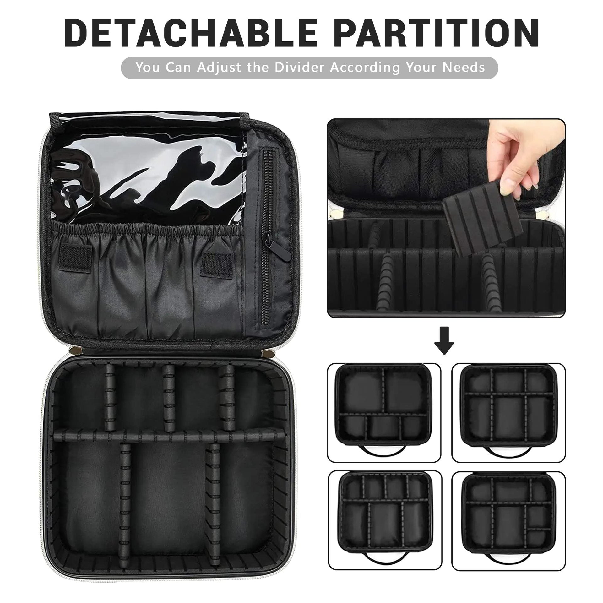 detachable compartment makeup bag with adjustable dividers