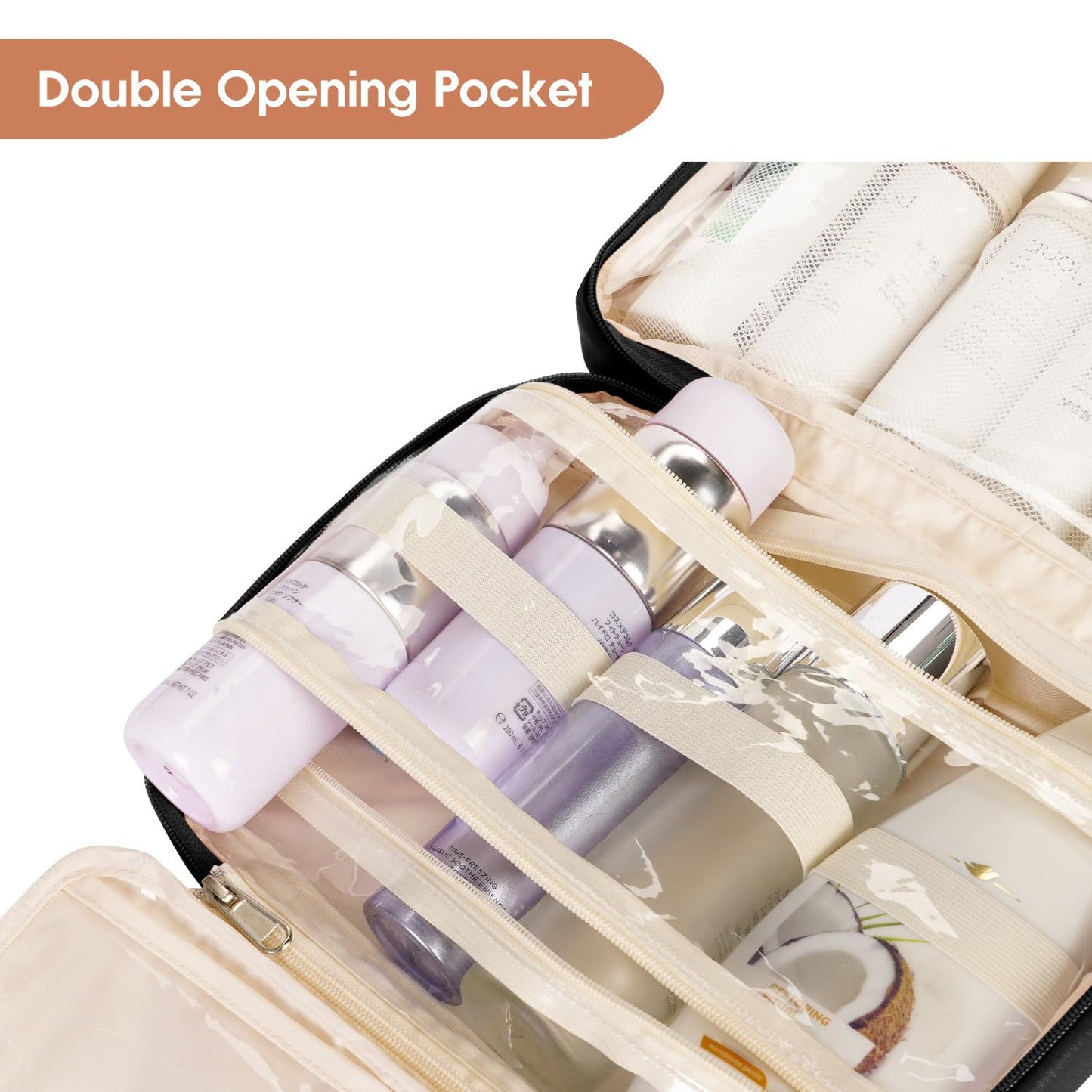 double opening pocket makeup storage bag with separated compartments