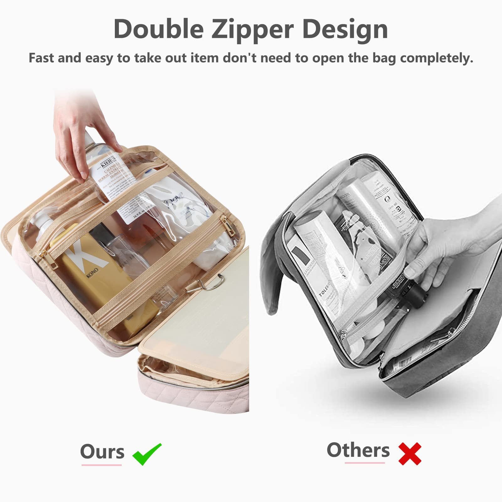 Hanging toiletry bag with double zipper compartments for easy access during travel