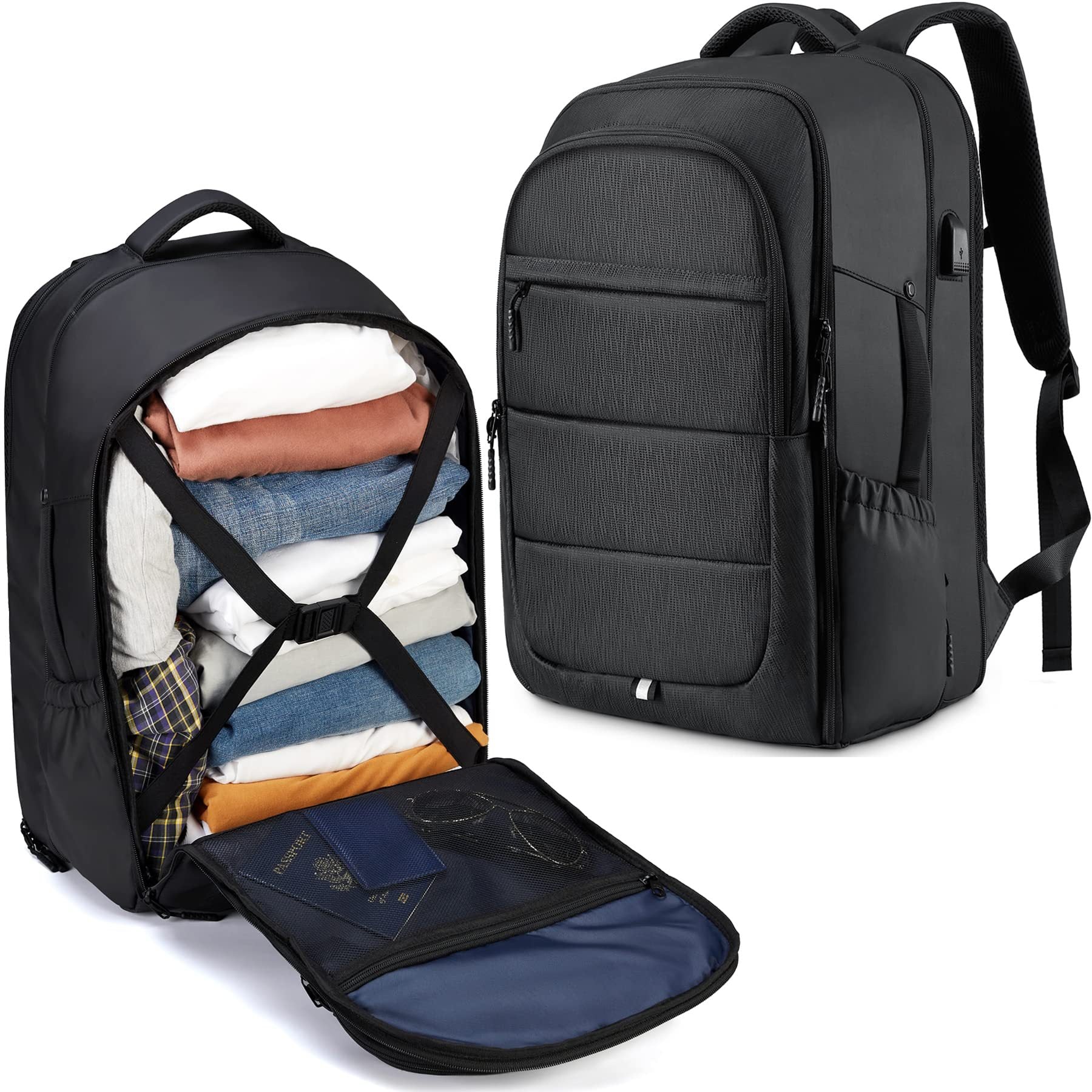 black expandable 40l travel backpack with large capacity storage and carry on design