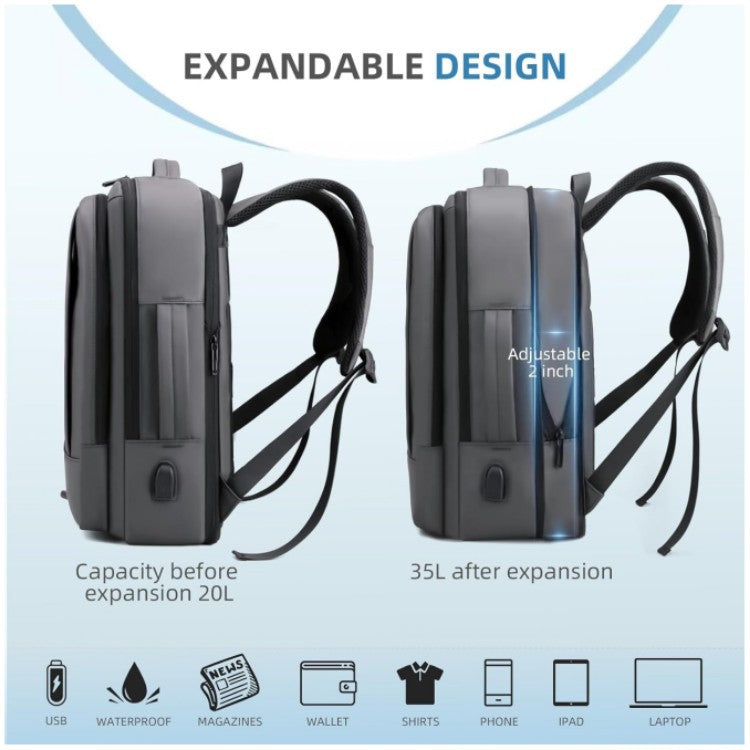 expandable backpack with adjustable 20l to 35l storage capacity for travel