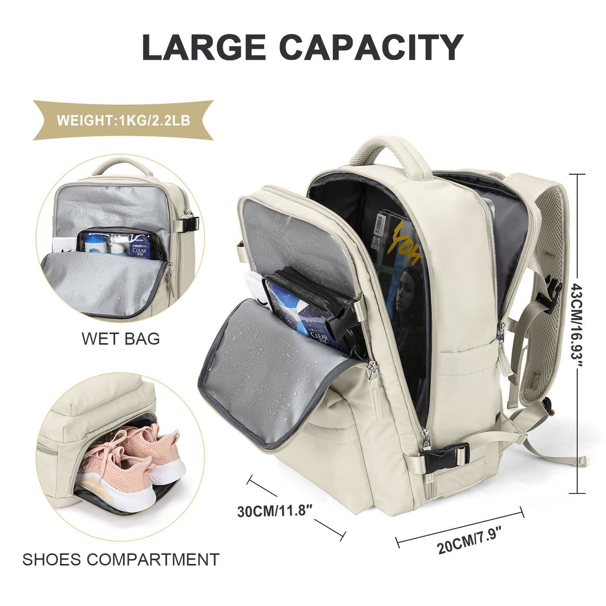 expandable backpack 43 x 30 x 20 cm with separate wet pocket shoe compartment and large travel storage