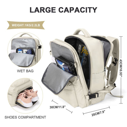 expandable backpack 43 x 30 x 20 cm with separate wet pocket shoe compartment and large travel storage