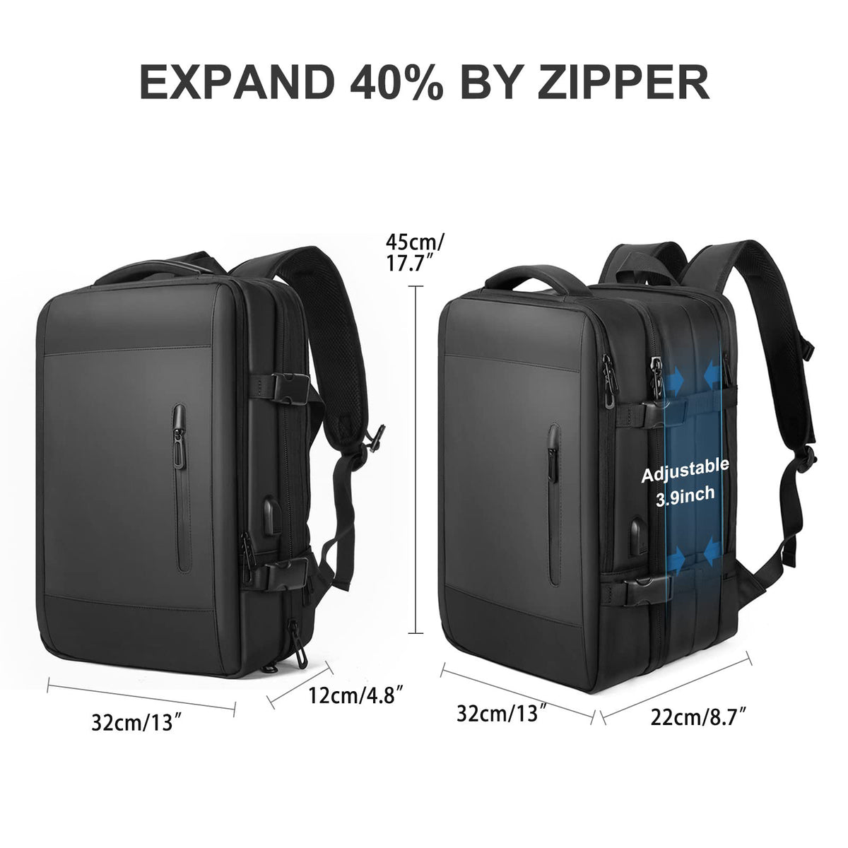 expandable laptop backpack with zipper expansion from 12 cm to about 22 cm depth