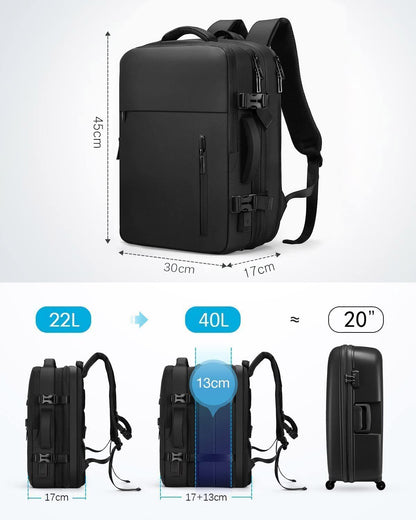 expandable travel backpack with 22l to 40l capacity and carry on size design
