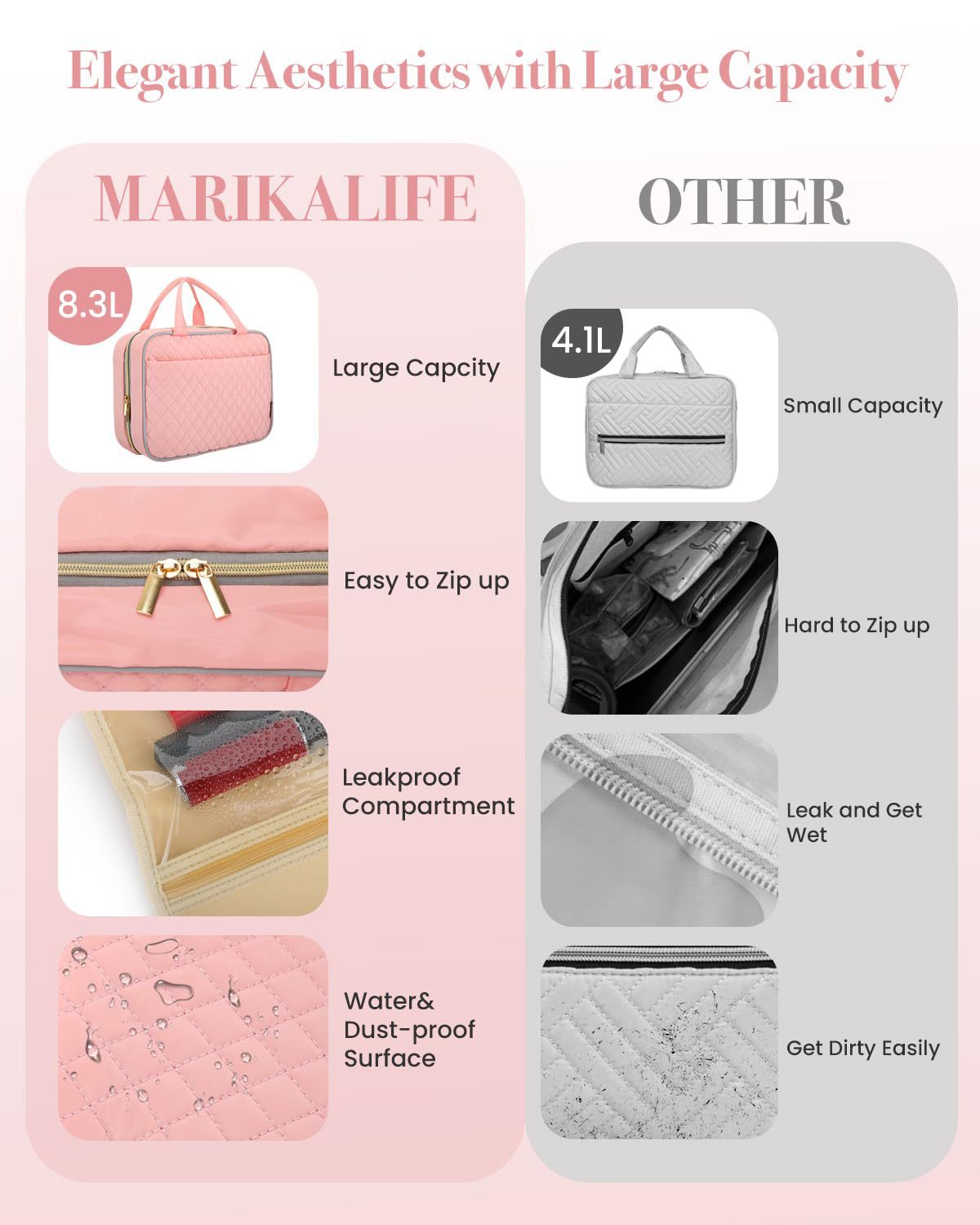 extra large pink cosmetic travel bag with 8.3l storage capacity