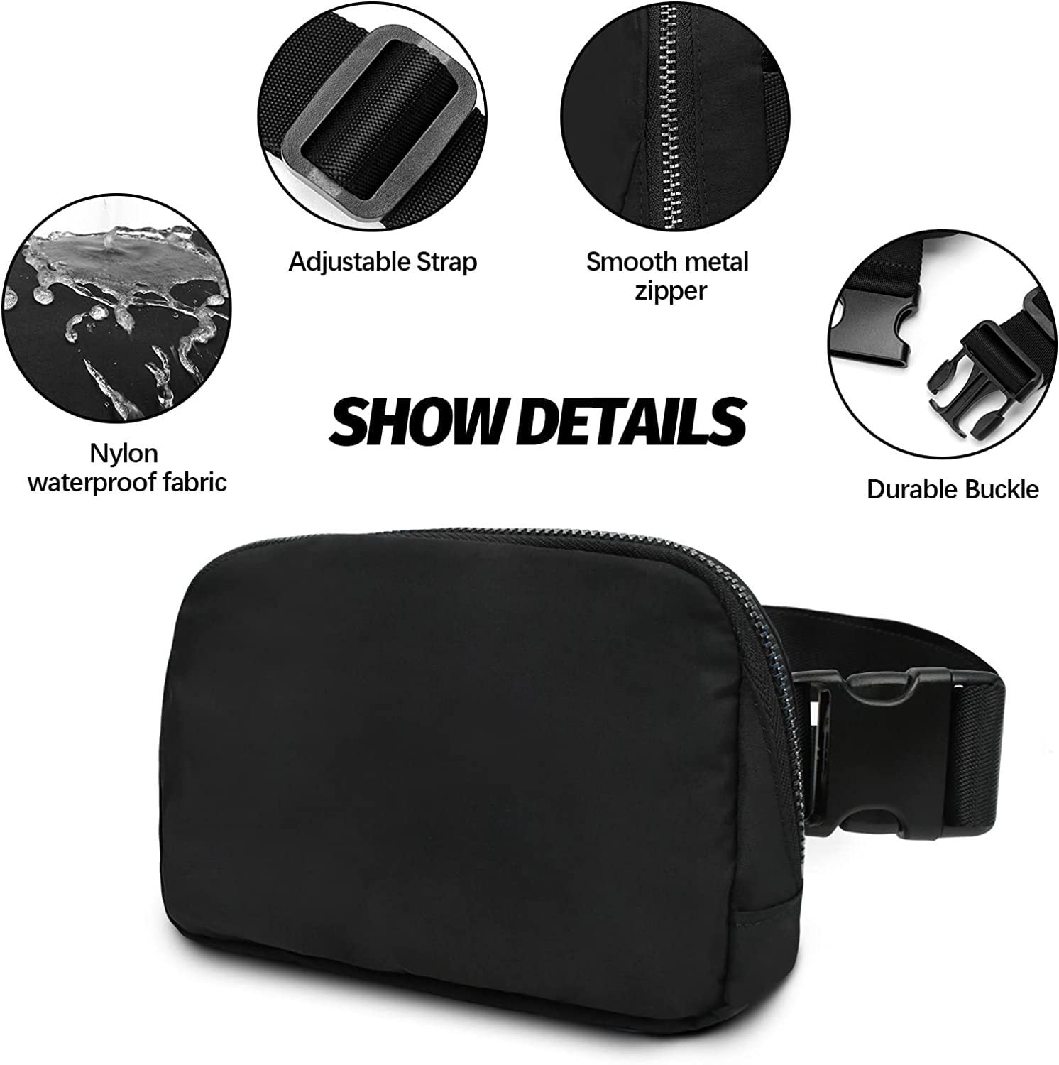 black nylon fashion waist bag,custom,detail