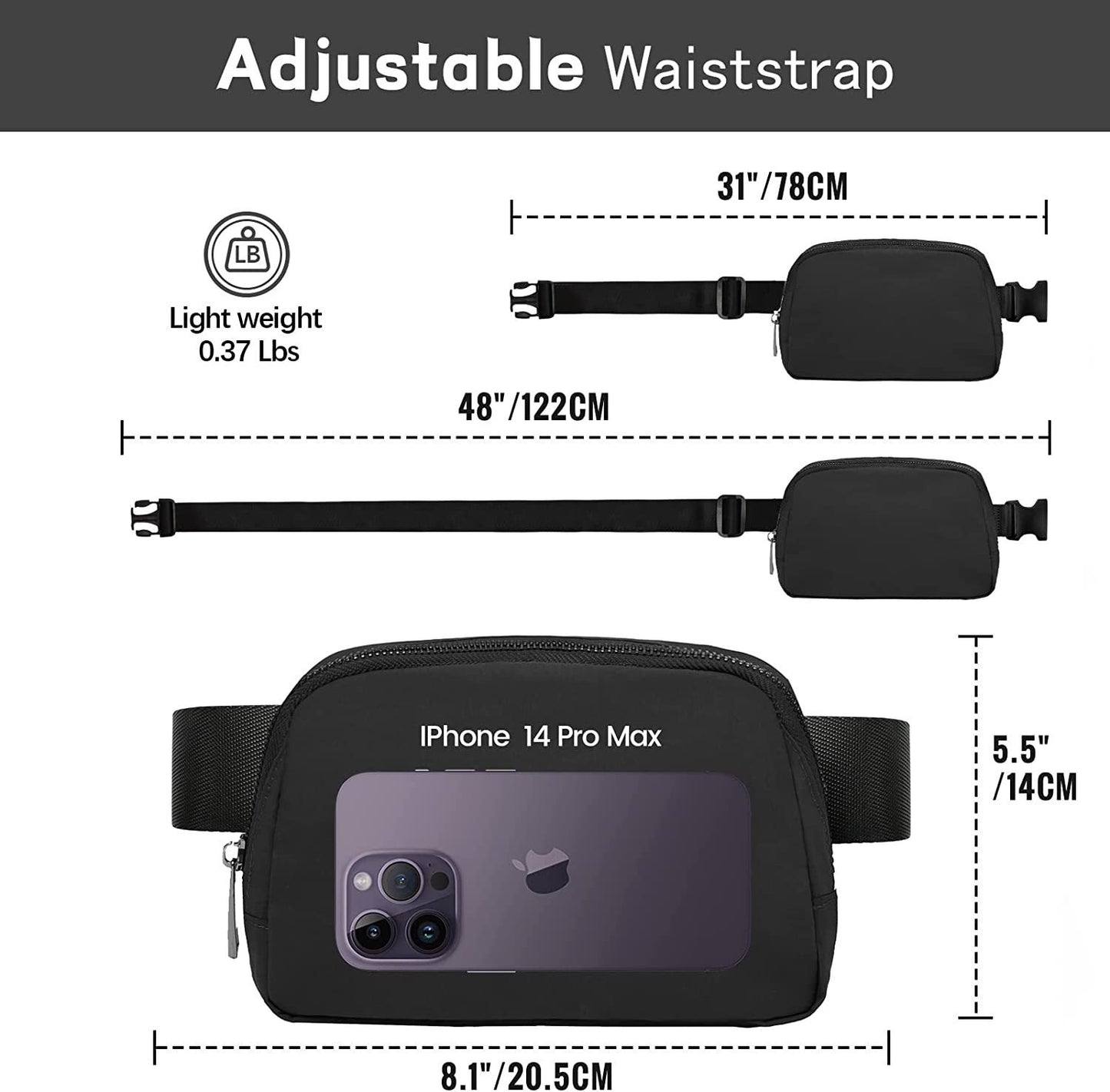 black nylon fashion waist bag,custom,dimensions