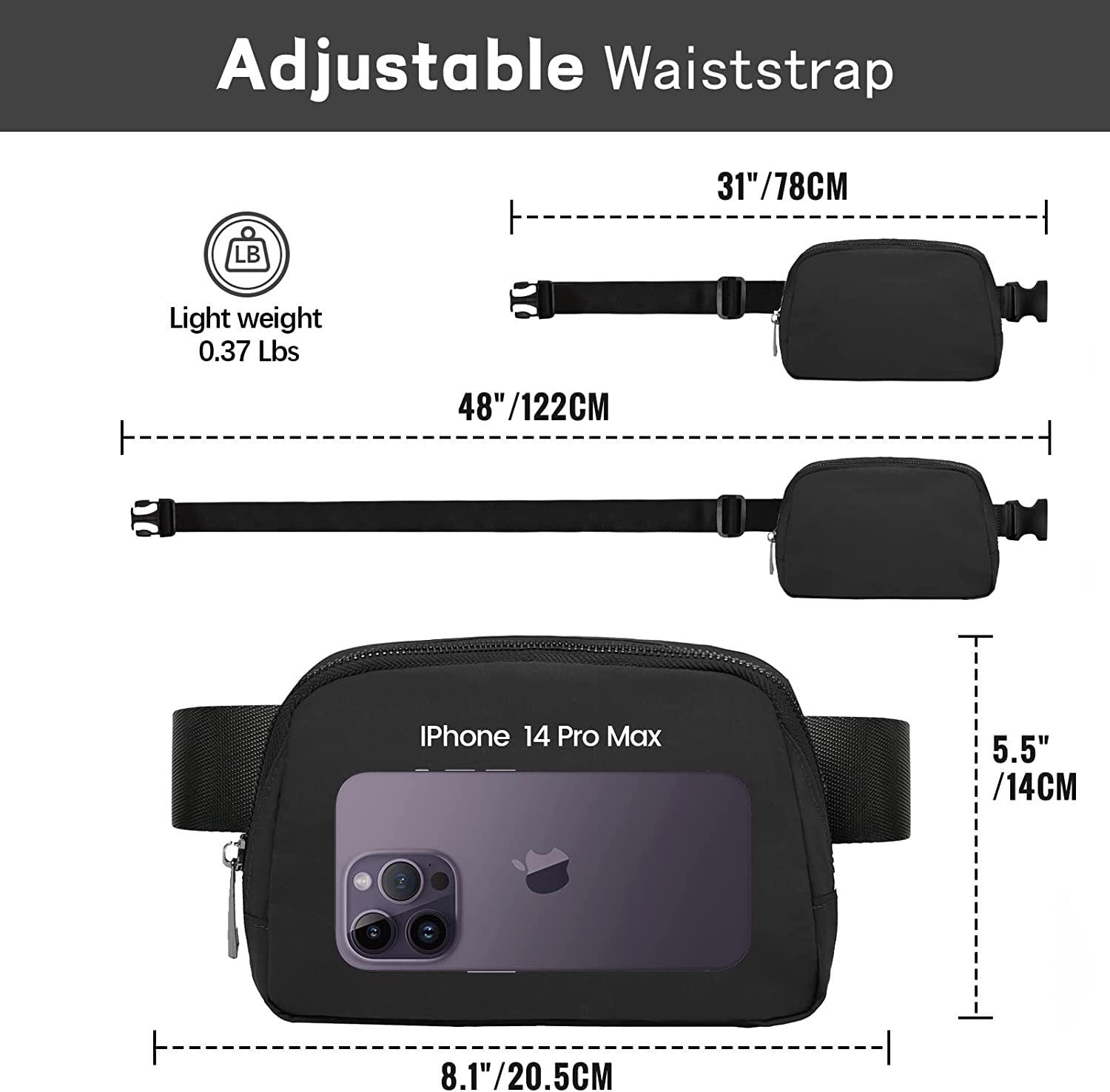 black nylon fashion waist bag,custom,dimensions