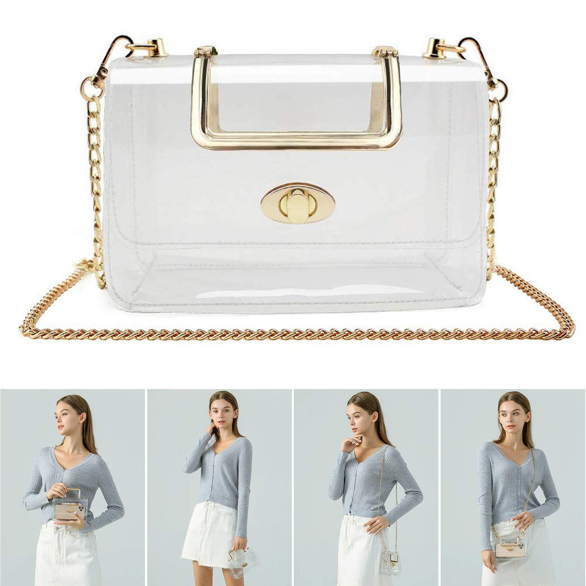 gold clear handbag with removable chain shown for top handle shoulder and crossbody carrying options
