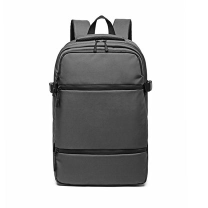 gray business travel backpack with organized front storage and structured laptop bag design