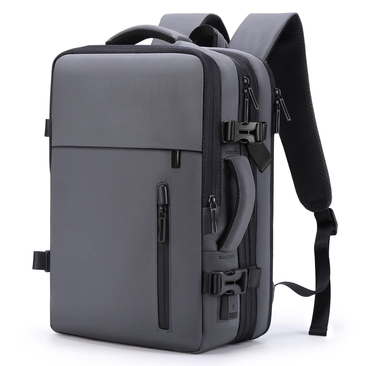 gray business travel backpack with laptop storage