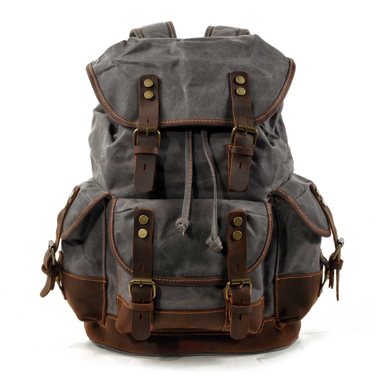 gray canvas leather backpack with classic outdoor travel design