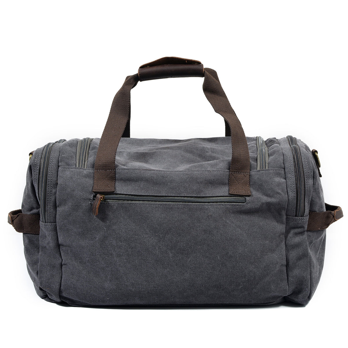 gray canvas mens travel bag with leather handles and zippered side compartments