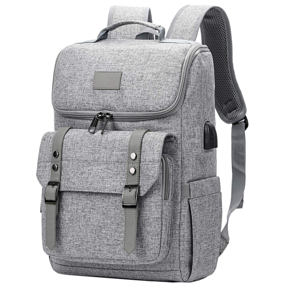 gray custom everyday backpack with laptop storage flap front and black trim details
