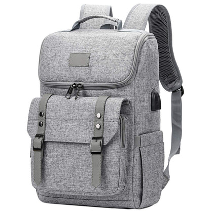 gray custom everyday backpack with laptop storage flap front and black trim details