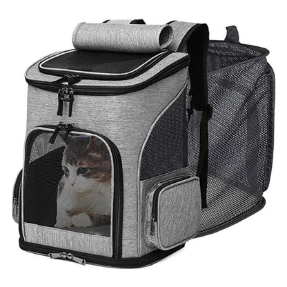 gray foldable pet carrier backpack with expandable mesh compartment