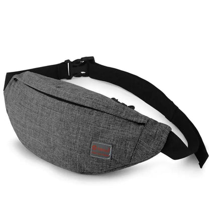 gray lightweight polyester waist pack with curved body black adjustable strap and front logo patch